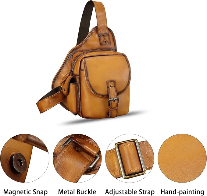 Genuine Leather Sling Bag for Men Women Chest Bags Crossbody Bag Vintage Sling Backpack Purses Hiking Sports Travel (Brown)