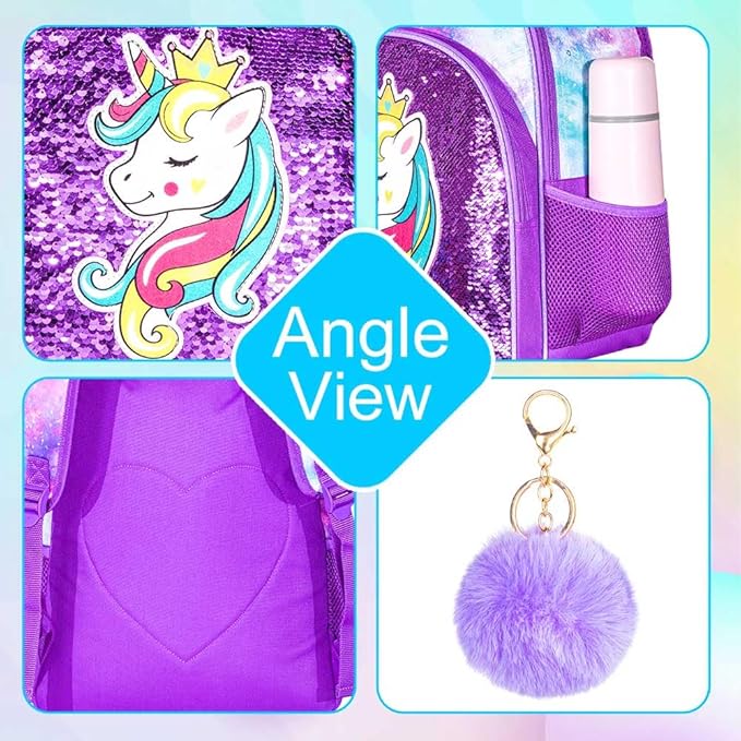 3PCS Girls Backpack, 16" Kids Sequins Unicorn Bookbag with Lunch Box, School Bags for Elementary Preschool Kindergarten - Purple
