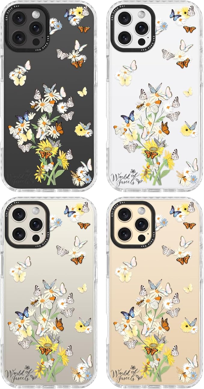 for iPhone 16 Pro Case Butterfly & Flower Pattern with Vintage Charm, Military-Grade Drop Protection, Cute Soft Slim TPU Protective Cover with Camera Lens Protection for Women & Girls