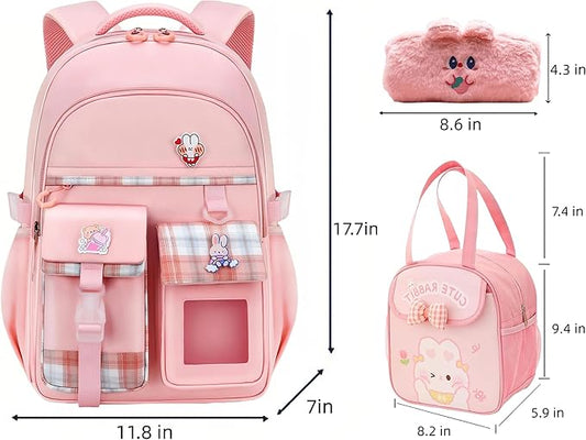 Girl Backpack for School Kids, Pink Cute Bookbag with Lunch Box Rainbow Elementary School Bag Pencil Case (Pink,3Pcs Set)