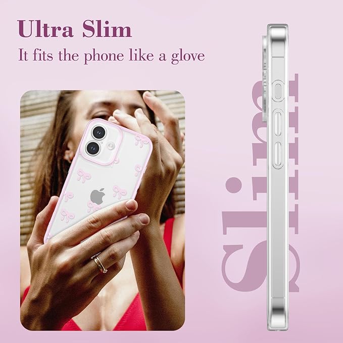 EYZUTAK Case for iPhone 17, Clear Cute Ribbon Bowknot Pattern Aesthetic Transparent Phone Case Raised Camera Protection Stylish Slim Soft Durable TPU Protective Cover for Women Girls - Pink