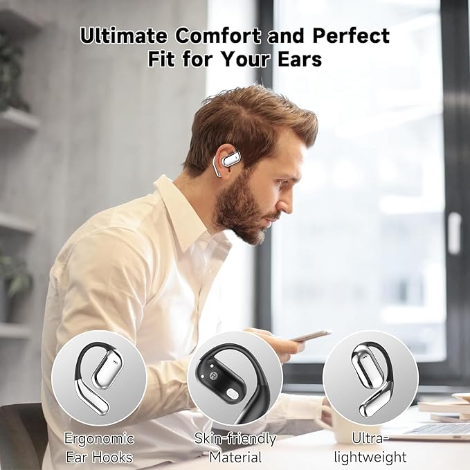Open Ear Earbud Wireless Bluetooth 5.4 Earbuds,Intelligent Touch Screen Headphones,50H Playtime,Ergonomic Ear Hook,Built-in Mic,LED Display Charging Case,for Sport Running Fitness (Silver)