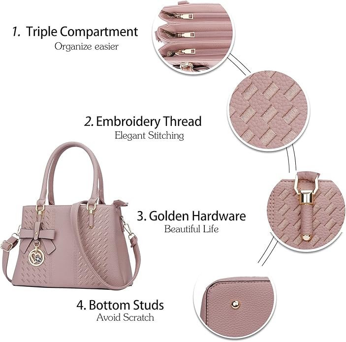 KKXIU Women Satchel Bags Handle Shoulder Handbags and Purses Pockets Zipper Leather Crossbody Bags