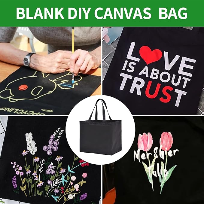 3 Pack Heavy Duty Reusable Canvas Grocery Bags, Holds 60 lbs, 8.3 gal Multi-Purpose Washable Bags with 5 Pockets, Black