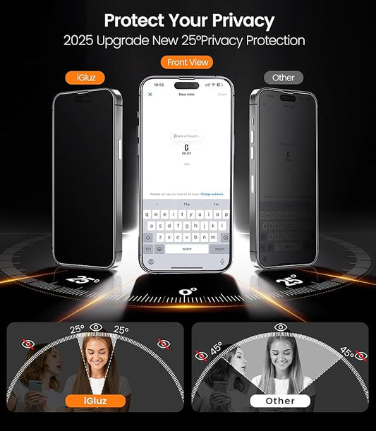 iGluz 4+2 Pack for iPhone 16 Pro Privacy Screen Protector with Camera Lens Protector 6.3 inch,9H+Tempered Glass[12FT Military Grade Shatterproof &100% Anti-Spy],3D Micro-Curved Edges[Longest Durable]