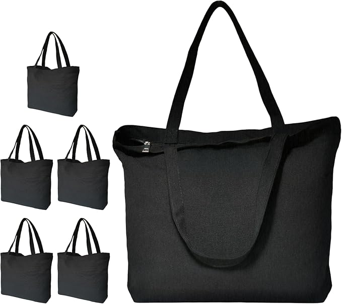 Koolmox Black Canvas Tote Bag with Zipper, 6-Pack 17x14x3.9'' 12Oz Thick Canvas Bag with Handles and Flat Bottom, Women Men Grocery Shopping Bags Cotton Totes Sublimation Totes to Customize