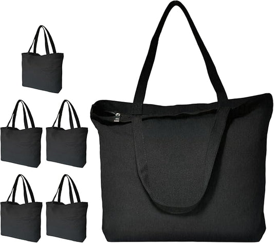 Koolmox Black Canvas Tote Bag with Zipper, 6-Pack 17x14x3.9'' 12Oz Thick Canvas Bag with Handles and Flat Bottom, Women Men Grocery Shopping Bags Cotton Totes Sublimation Totes to Customize