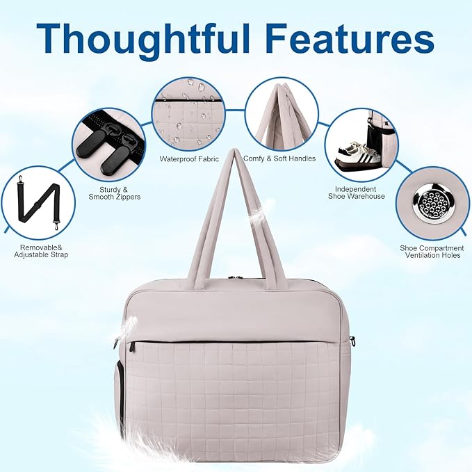 Felipe Varela Large Puffy Tote Bag, Gym Bags for Women with Shoe Compartment, Weekender Overnight Lightweight Carry on Puffer Duffle Bag for Travel (Camel,36L)