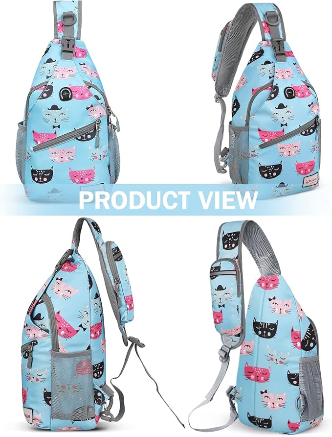 ZOMAKE Sling Bag,Small Crossbody Sling Backpack,Water Resistant Shoulder Daypack for Travel,Anti Thief Chest Bag for Hiking(Cat'S Head Light Blue)