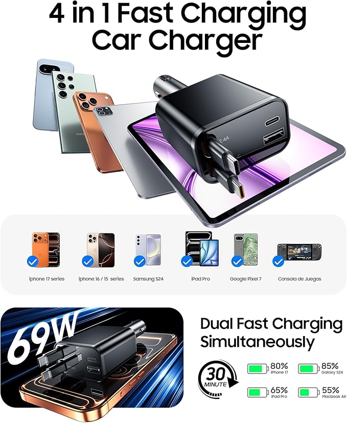 Temdan Retractable Car Charger, 4 in 1 Fast Charger USB C Car Truck Accessories, Travel Essentials Gifts for Women Men, Car Accessories for iPhone 17 Pro Max Air 16 15 14 13 Plus,Galaxy,Pixel-Black