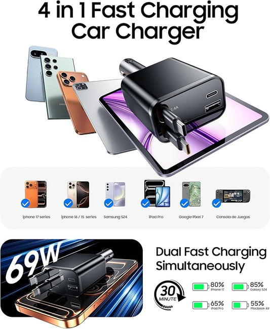 Temdan Retractable Car Charger, 4 in 1 Fast Charger USB C Car Truck Accessories, Travel Essentials Gifts for Women Men, Car Accessories for iPhone 17 Pro Max Air 16 15 14 13 Plus,Galaxy,Pixel-Black