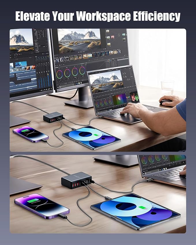 USB C Charger Block 440W Charging Station Hub,8 Port GaN III Fast Charging Brick with 5ft Extension Cord,PD PPS 100W Laptop Power Adapter for MacBook Pro/Air,iPhone 16/15,Samsung Galaxy,Dell