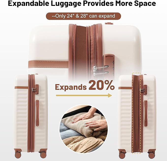 Merax Luggage Sets Front Opening, 2 Piece Hardshell Suitcase with Spinner Wheels and Bags,Lightweight Carry on Luggage with USB Port,20+24,White and Brown