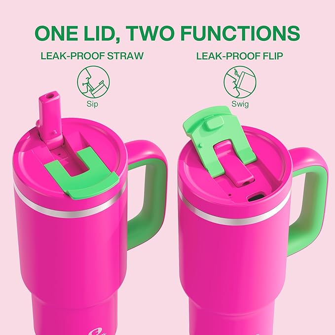 32 oz Tumbler with Handle and Straw: Stainless Steel Insulated Tumbler Keeps Cold for 24 Hours, Leakproof Travel Cup Fits in Cup Holder and BPA-Free, Knockout Pink