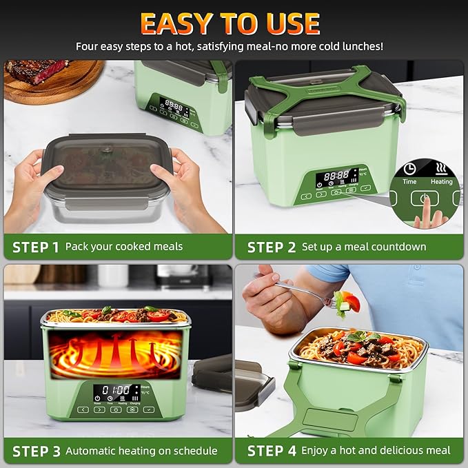 Cordless Electric Lunch Box, 1.2L Self Heating Lunch Box Battery Powered with Automatic Heating, BPA Free, Meal Prep Friendly (Green)