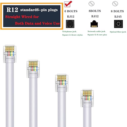 LanSenSu RJ12 Cable Phone Cord RJ12 6P6C Male to Male Straight Wired for Both Data and Voice Use - 2Pack (White, 3.3FT)