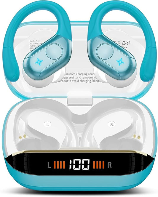 Wireless Earbuds Bluetooth 5.4 Headphones 75H Stereo Deep Bass Sports Over Ear Buds with Earhooks, LED Display Bluetooth Earbuds with 4 ENC Mic, IP7 Waterproof Earphone for Running, Blue