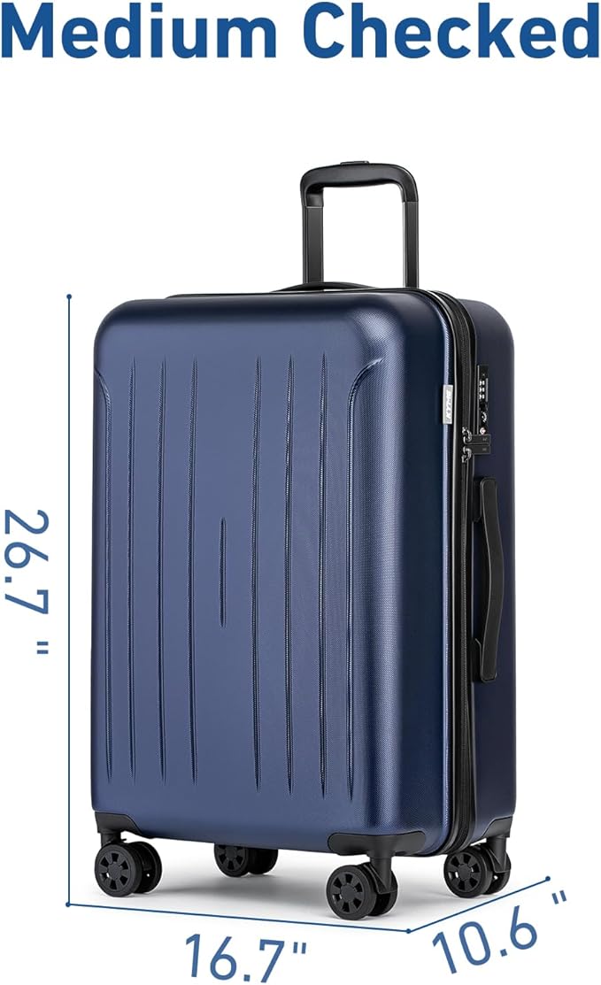 KYME Suitcase Hardshell With Double Spinner Wheels, PC+ABS TSA Lock Travel Luggage (Navy Blue, 24" Checked)