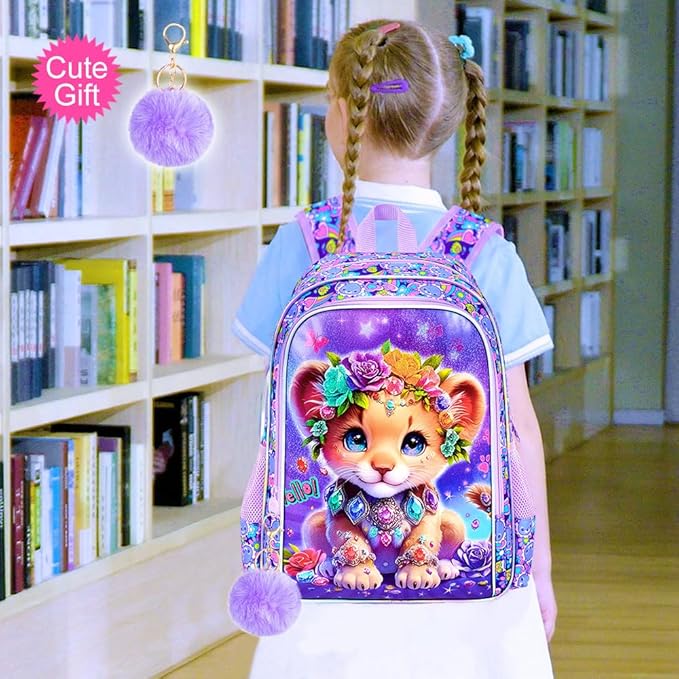 3Pcs Backpack for Girls, 16" Lion Kids Bookbag for Elementary Preschool Kindergarten, School Backpacks with Lunch Box(Purple)