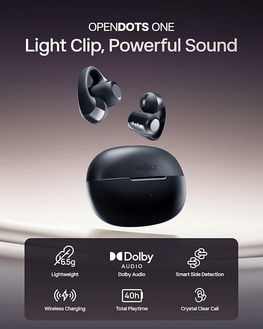 SHOKZ OpenDots ONE - Open-Ear Headphones - Wireless Bluetooth Earbuds with Microphone - Secure, Lightweight, Clip-On Fit - Premium Dolby Audio - Water Resistant - Fast Charging - Up to 40 hrs Playtime