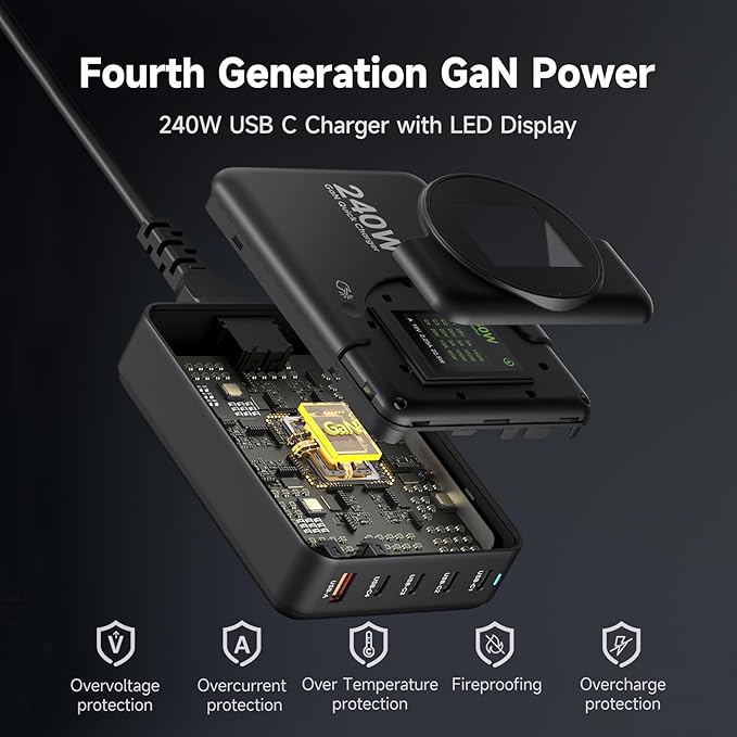 240W GaN Charger, 5-Port USB C Charger with 140W Max PD 3.1 Port, LED Display Desktop Charging Station Adapter for MacBook Pro/Air M3/M2/M1, Laptops, iPhone 15/14, Galaxy S24/S23, iPad, Steam Deck