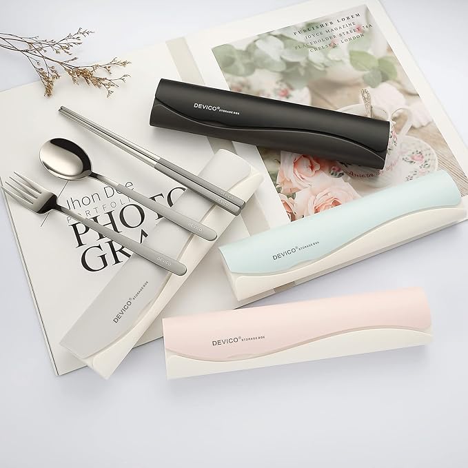 DEVICO Portable Travel Utensils with Case, Reusable Camping Silverware for Lunch, 18/8 Stainless Steel Cutlery Set (Gray)