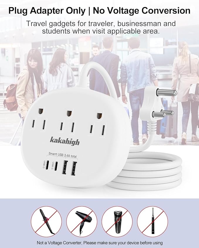 India to US Plug Adapter, India Plug Adapter with 3 American Outlets 4 USB Ports (2 USB-C) Total 24W, Type D Travel Adapter for USA to India Bangladesh Maldives Nepal Pakistan