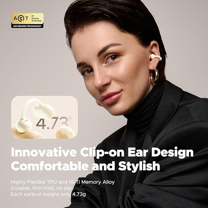 SoundPEATS POP Clip Wireless Open Ear Earbuds, Button Control, Lightweight Comfort Headphones, 30H Playtime, IPX5 Waterproof, Bluetooth 5.4 Immersive Audio Earphones for Sports Running Working, Beige