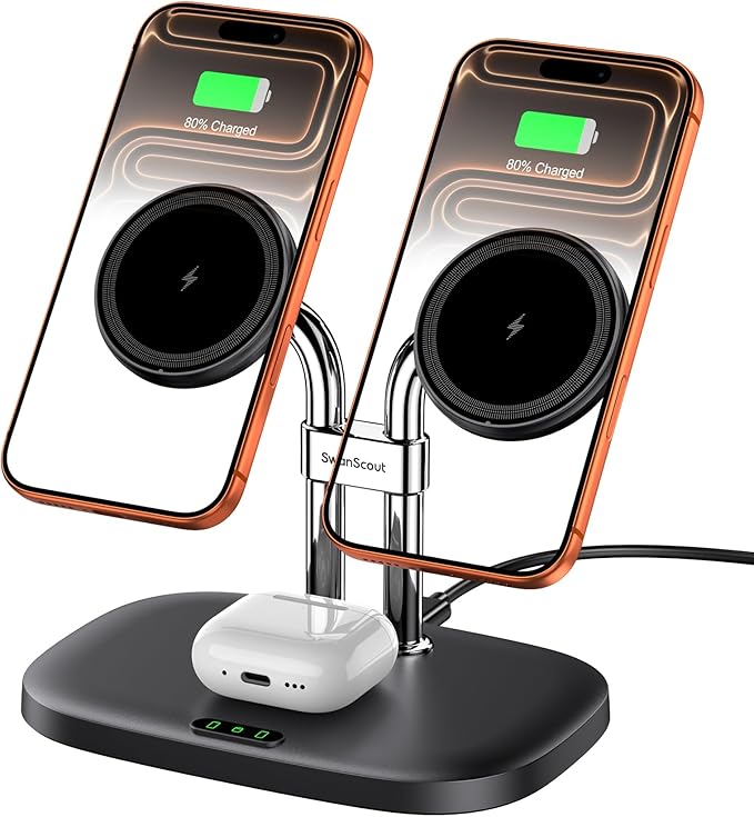 Wireless Charger for iPhone Air/17, SwanScout 706M, Dual Magnetic Charger for iPhone 16/15/14/13/12 Series, Charging Station for AirPods Pro 3/2, AirPods 4/3rd (Black)