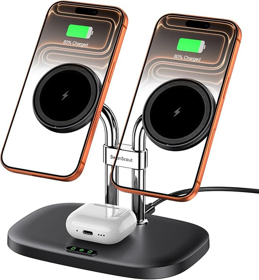 Wireless Charger for iPhone Air/17, SwanScout 706M, Dual Magnetic Charger for iPhone 16/15/14/13/12 Series, Charging Station for AirPods Pro 3/2, AirPods 4/3rd (Black)