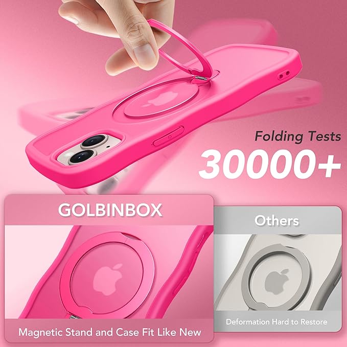 for iPhone 13 Case & iPhone 14 Case for Women,[Compatible with Magsafe][360° Spin Magnetic Stand][Cute Wave Edge][Military-Grade Protection] Translucent Matte Phone case for iPhone 13/14, Hot Pink
