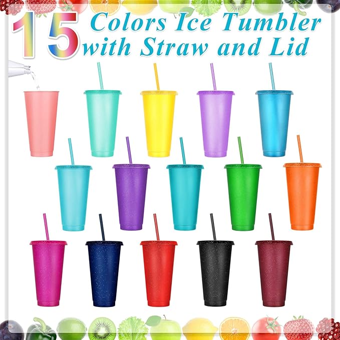 Honeydak 15 Pack Tumbler with Straw and Lid Bulk Glitter Plastic Cups Water Bottle Iced Coffee Travel Mug Reusable Party Favor Cups for Birthdays travel 24-27 oz (Vivid Color)