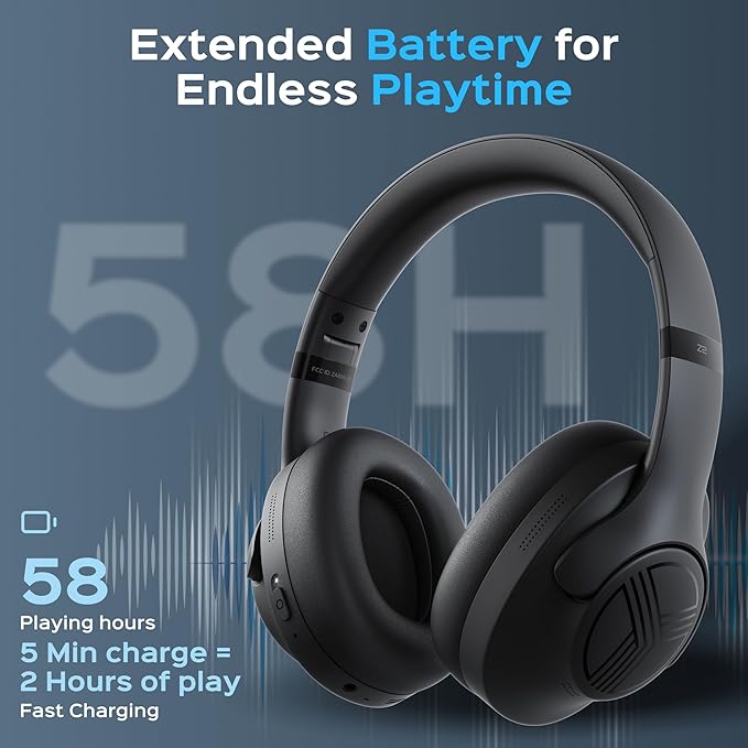 TREBLAB Z2 Hybrid Active Noise Cancelling Workout Headphones - Signature-HD Sound, Deep Bass, 58H Battery, Comfortable, Foldable Over Ear Bluetooth Headphones Wireless w/Mic for Calls, for Gym, Sport