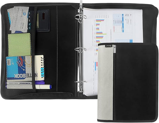 Zipper Binder 1.5 Inch Round 3-Ring Binder, Zippered Grip Pockets Storage Bag Business Office Supplies for Men Women (Grey)