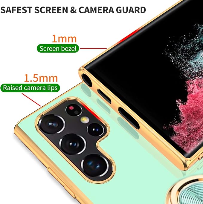 Tnarru Compatible for Samsung Galaxy S22 Ultra Case with Ring Holder Kickstand [with Magnetic] Soft TPU Shockproof Electroplated Protective Phone Case for Galaxy S22 Ultra 5G Light Green