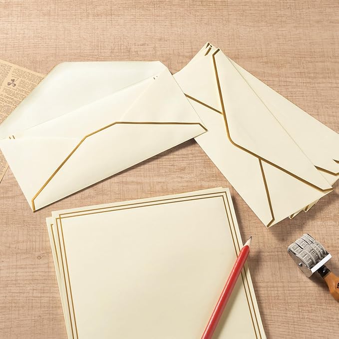 50 Pack Stationery Set with Gold Border, #10 Business Envelopes and 8.5x11 Paper Sheets and Stickers for Writing Letters (Cream Color, 8.5x11 Inches)