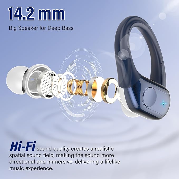 Wireless Earbuds Bluetooth Headphones Stereo Deep Bass Sports Ear Buds with Earhooks, Bluetooth Earbuds, LED Display, IP7 Waterproof Earphone, Dark Blue