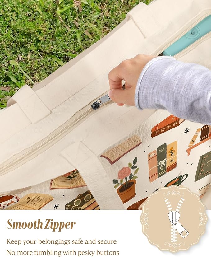 Large Tote Bag for Women - Canvas Tote Bag with Zipper Aesthetic Reusable Shoulder Bag for Gym, Travel, Work