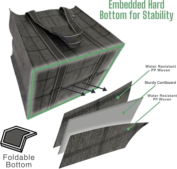 VENO 4 Pack Reusable Grocery Bags with Hard Bottom, Heavy-Duty Shopping Bags for Shopping Cart (Windowpane, 4 Pack)