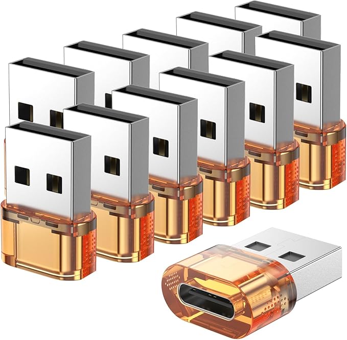 USB to USB C Adapter 12 Packs, Charging and Data Converter USB A to C Adapter, Compatible with Apple Watch/Ultra iWatch/iPhone 15 Pro Max Plus/Airpods/iPad 9 10 Air 5 Mini 6/Car (Orange)