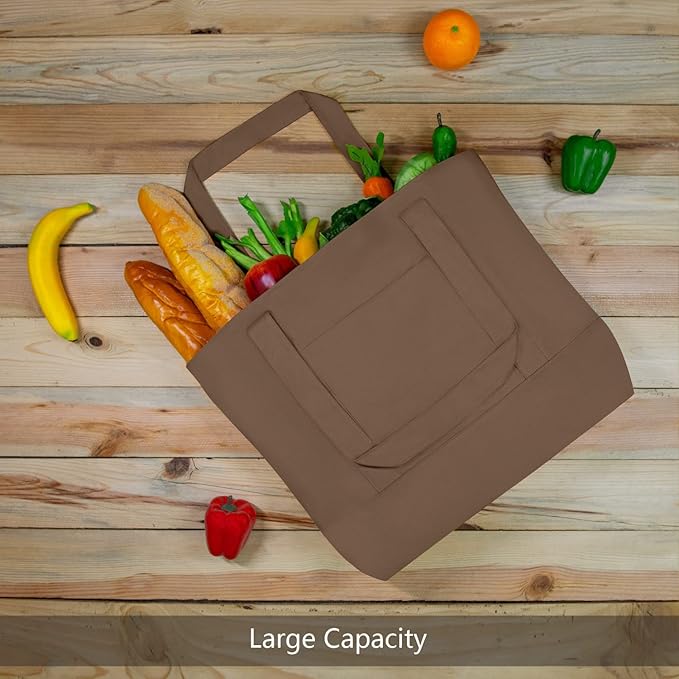 TOPDesign 1-Pack Canvas Tote Bag with an External Pocket, Reusable Grocery Shopping Bag, Top Zipper Closure, Daily Essentials (Brown)