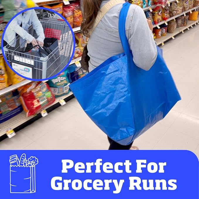 DURASACK Haul-It-All Extra-Large Reusable Shopping Bag – Heavy Duty Open-Top Tote with Handles, 18-Gallon Capacity, Blue, Pack of 4