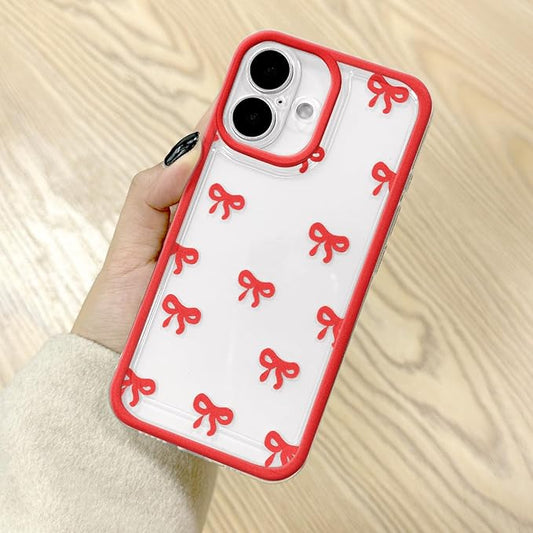EYZUTAK Case for iPhone 16 Plus, Clear Cute Ribbon Bowknot Pattern Aesthetic Transparent Phone Case Raised Camera Protection Stylish Slim Soft Durable TPU Protective Cover for Women Girls - Red