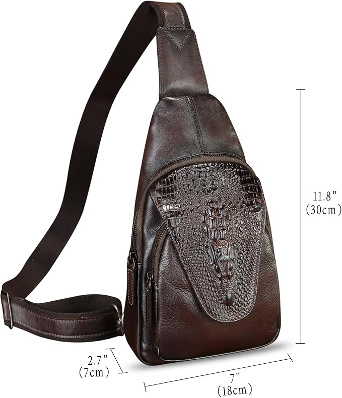 Genuine Leather Sling Bag Embossed Crocodile Pattern Leather Crossbody Sling Backpack Handmade Chest Purse Daypack (Coffee)