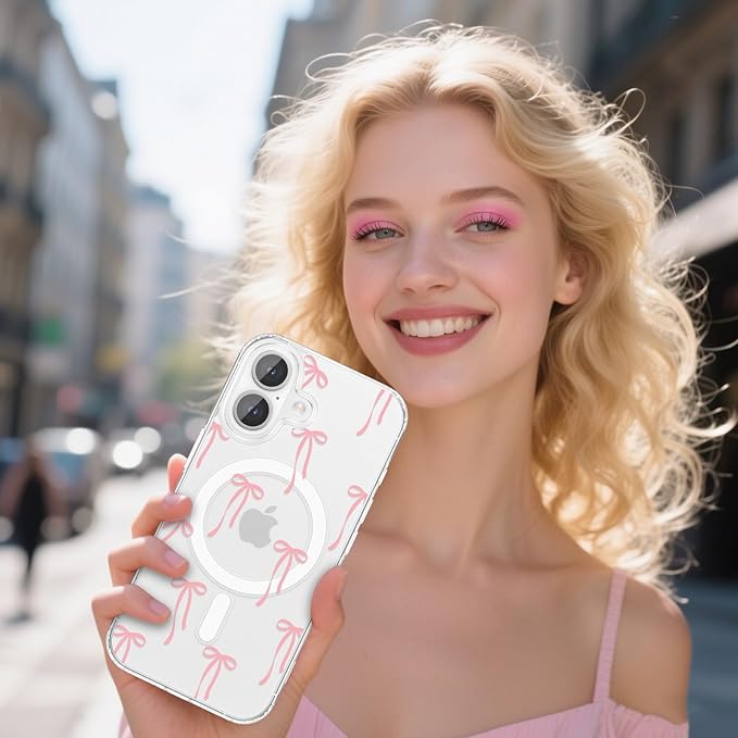 ZTOFERA for iPhone 16 Magnetic Case Clear,Cute Love Heart Ribbon Bow Tie Aesthetic Phone Case,Transparent Trendy Slim Soft Shockproof Protective Phone Cover for Women Girls,Pastel Pink