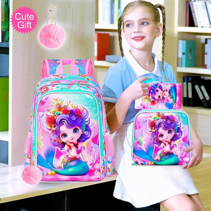 Mermaid Backpack, 16" Girls Kids Bookbag with Lunch Box，3Pcs School Backpacks for Elementary Preschool Kindergarten (Pink)