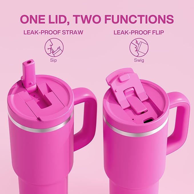 40 oz Tumbler with Handle and Straw: Stainless Steel Insulated Tumbler Keeps Cold for 24 Hours, Leakproof Travel Cup Fits in Cup Holder and BPA-Free, Persian Rose