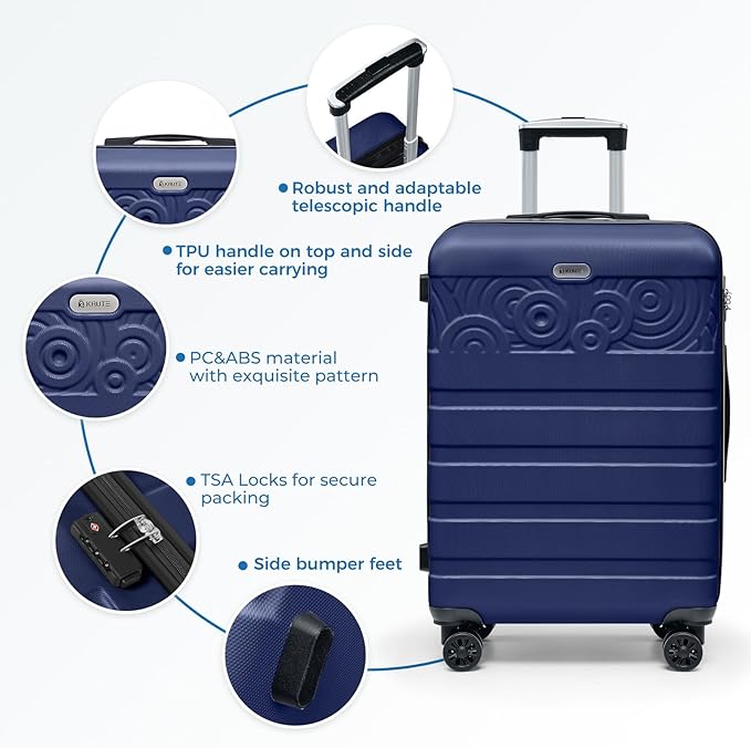 Krute Suitcases with Wheels Checked Luggage 24 Inch Lightweight PC ABS TSA Lock Hard Side Travel Suitcase