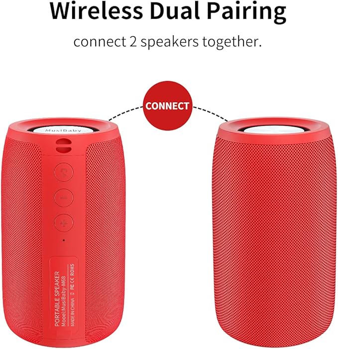 Bluetooth Speaker,MusiBaby Wireless,Outdoor, Waterproof,Portable Speaker,Dual Pairing, Bluetooth 5.0,Loud Stereo,Booming Bass,24H Playtime for Home&Party,Gifts(Pure Red)