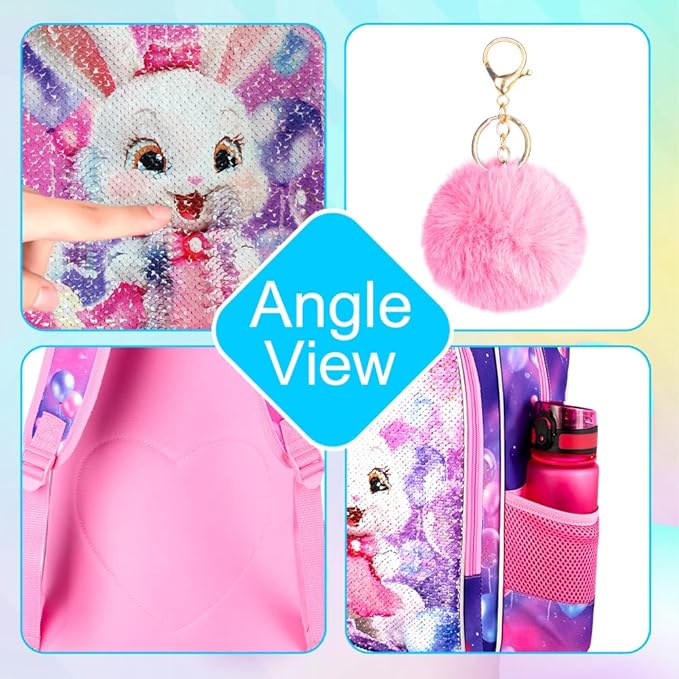 3Pcs Backpack for Girls, 16" Sequins Kids Bookbag with Lunch Box, Bunny School Backpacks for Elementary Preschool Kindergarten (Pink)